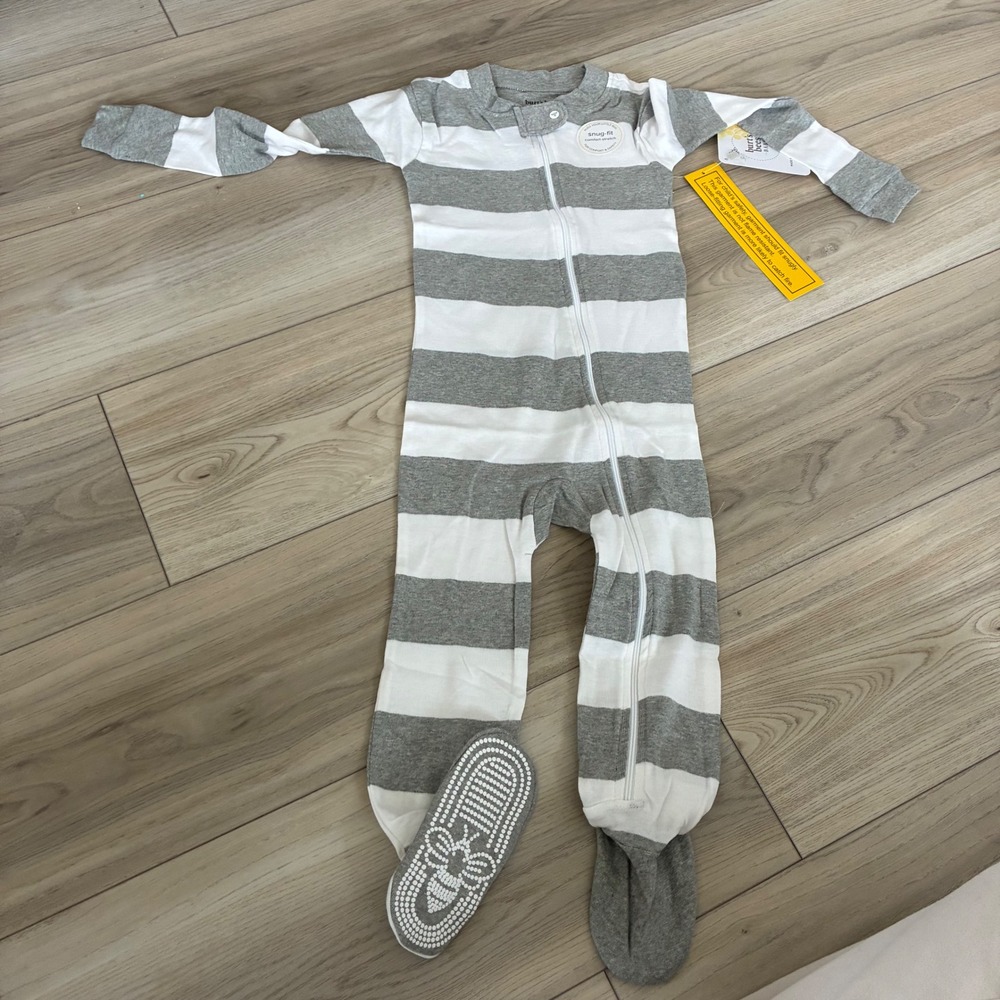 New Burt's Bees Baby Organic Cotton Striped Footed Pajamas Sleepsuit 24M gray